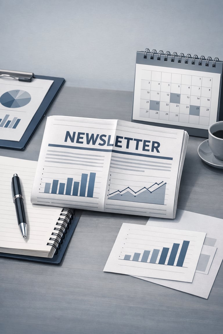 Clean professional illustration representing business insights and decisionmaking A modern desk scene with a notebook pen calendar and simple financia-3