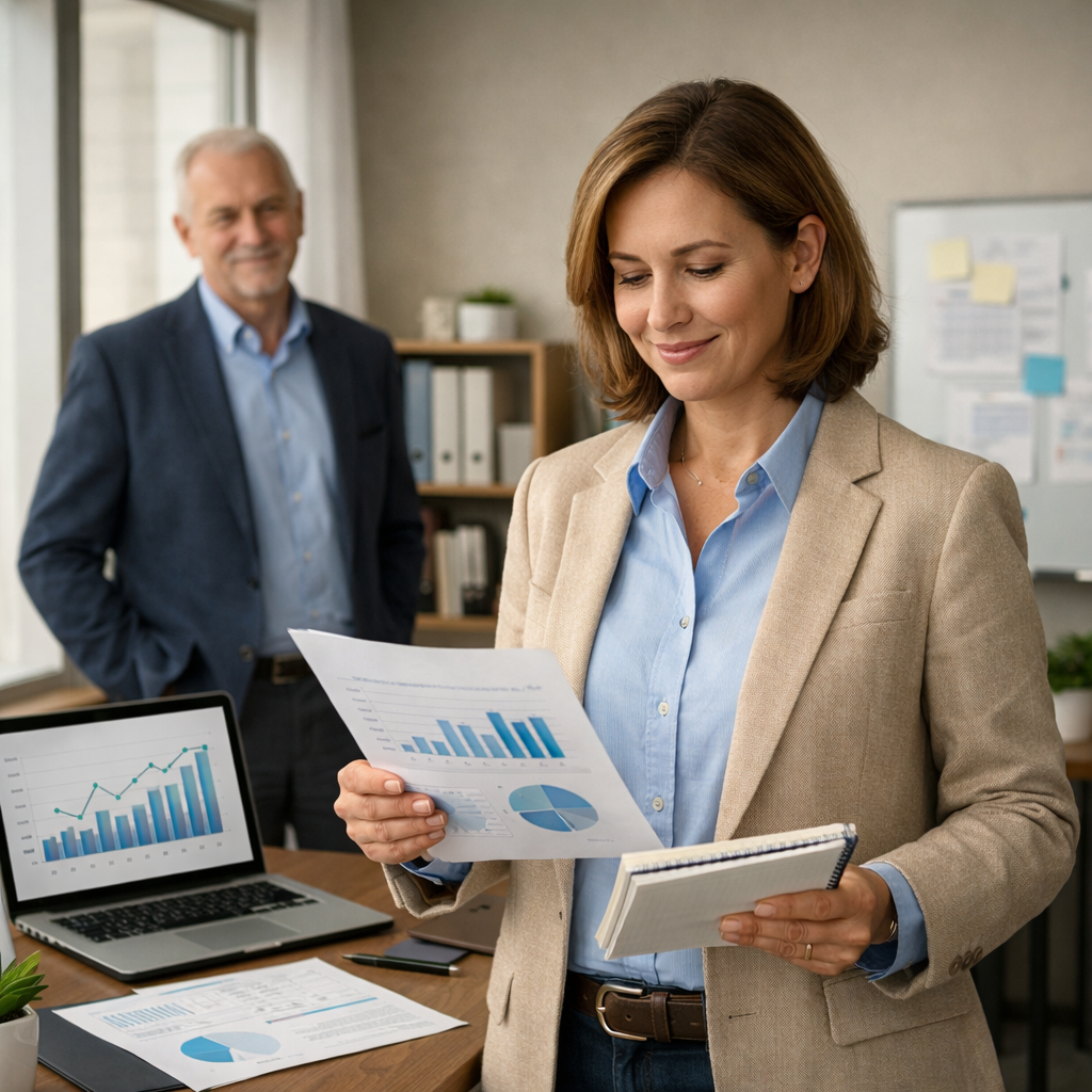 A confident business owner standing in a modern office setting reviewing clear financial documents and notes with a calm focused expression The owner